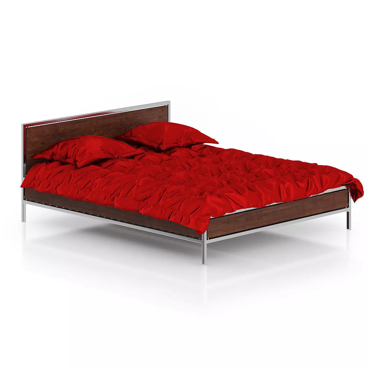 Wooden Bed with Red Bedclothes 3D model_0