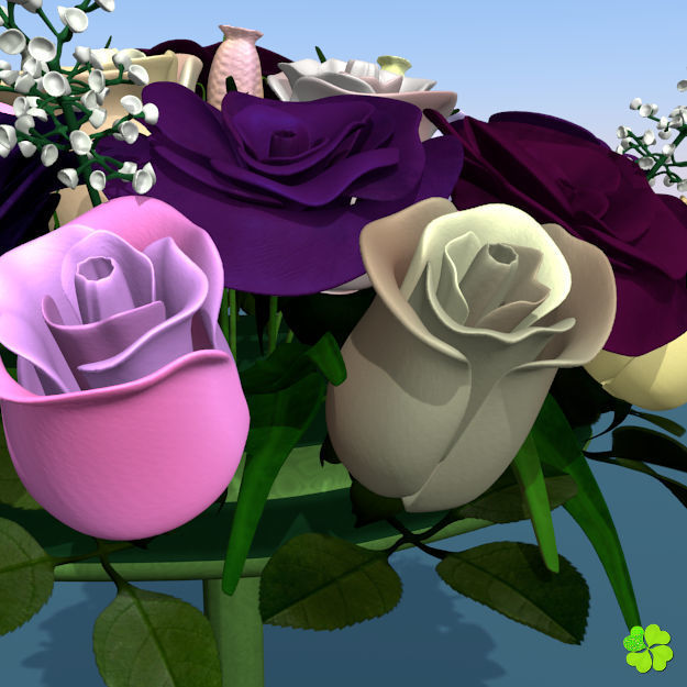 Bridal bouquet of lisianthus and roses multicolor 3D model_27