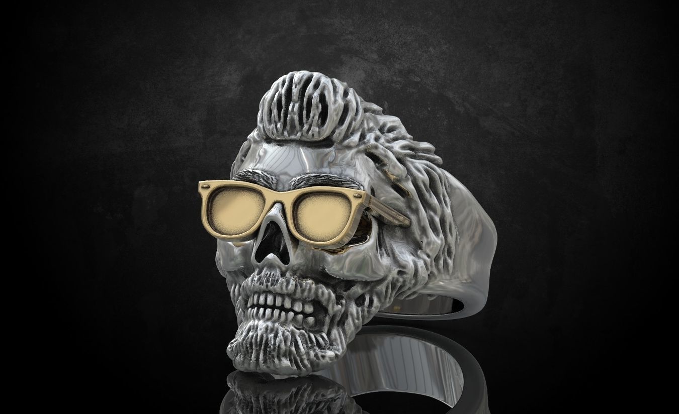 Ring skull with glasses and without fit for bikers 316 3D print model_9