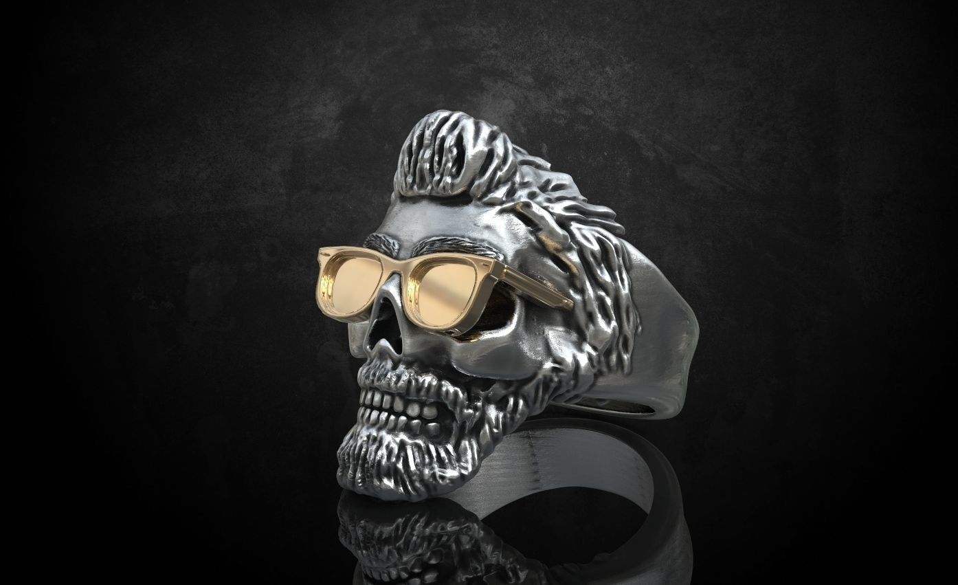 Ring skull with glasses and without fit for bikers 316 3D print model_11