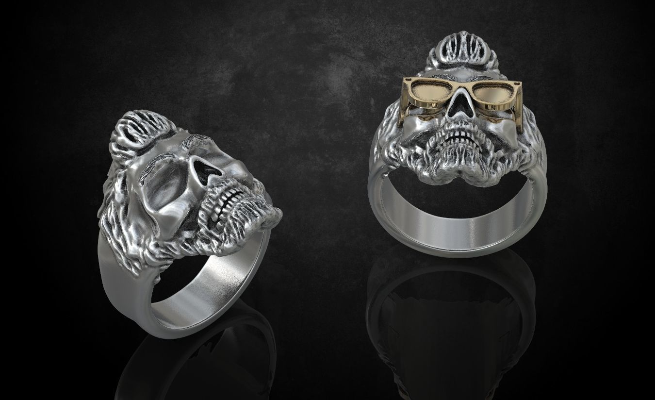 Ring skull with glasses and without fit for bikers 316 3D print model_3