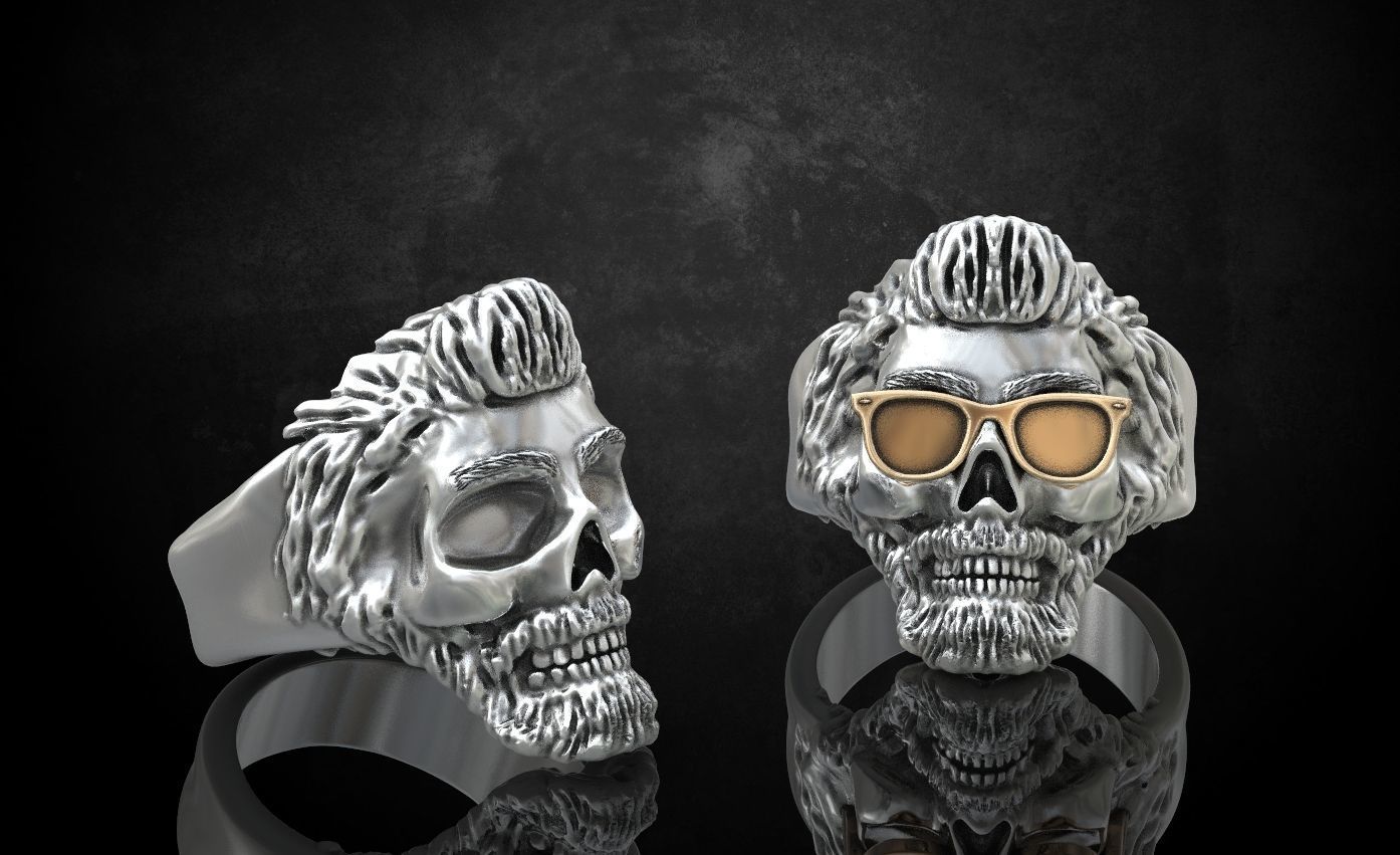 Ring skull with glasses and without fit for bikers 316 3D print model_7