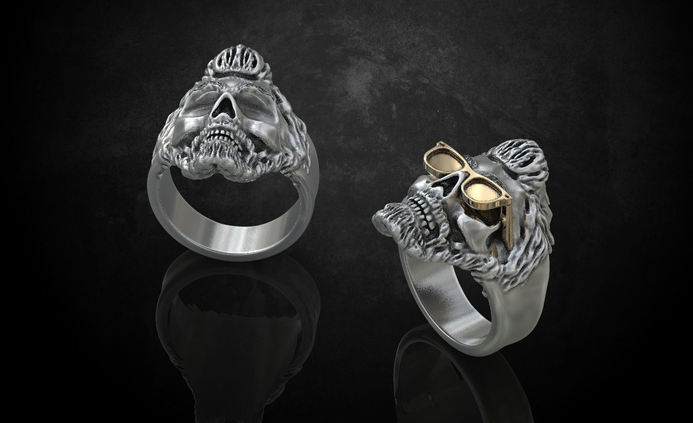 Ring skull with glasses and without fit for bikers 316 3D print model_8