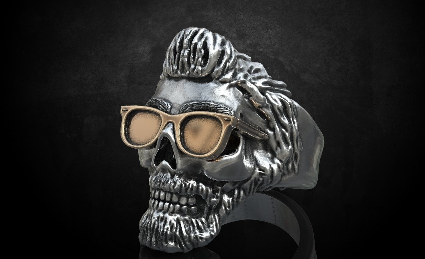 Ring skull with glasses and without fit for bikers 316 3D print model_6