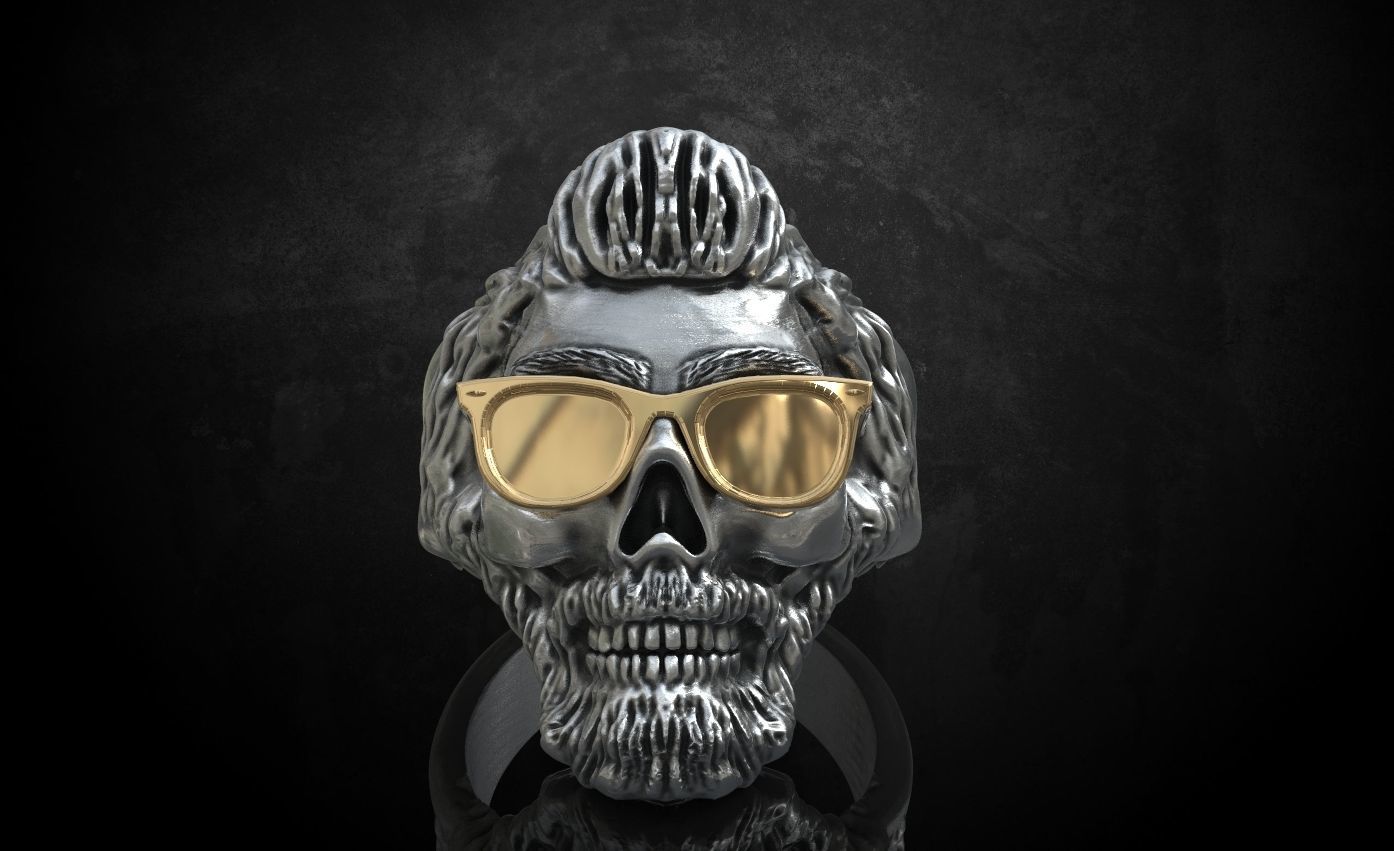 Ring skull with glasses and without fit for bikers 316 3D print model_2