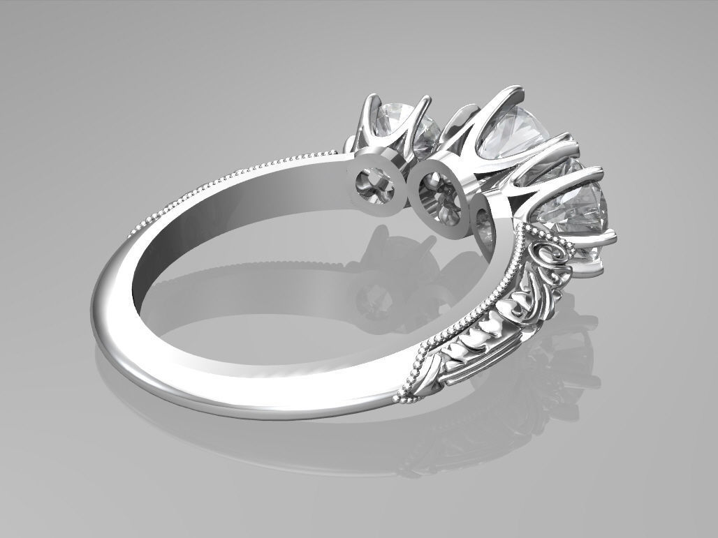 Art deco three stone ring 3D print model_2