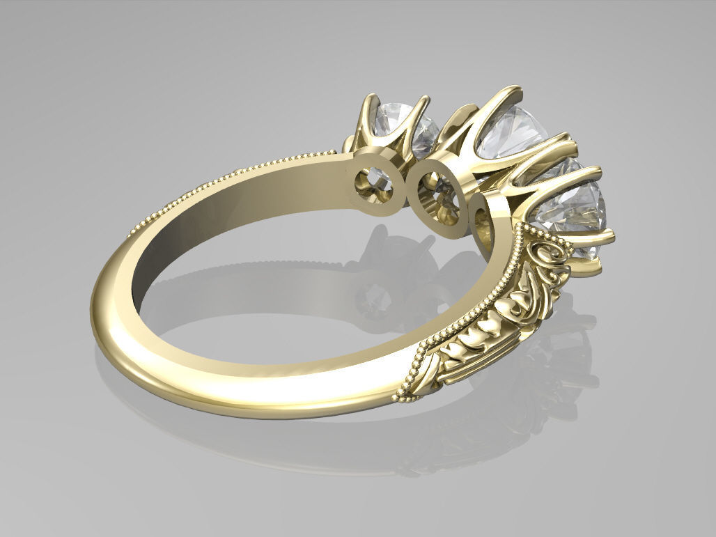 Art deco three stone ring 3D print model_5