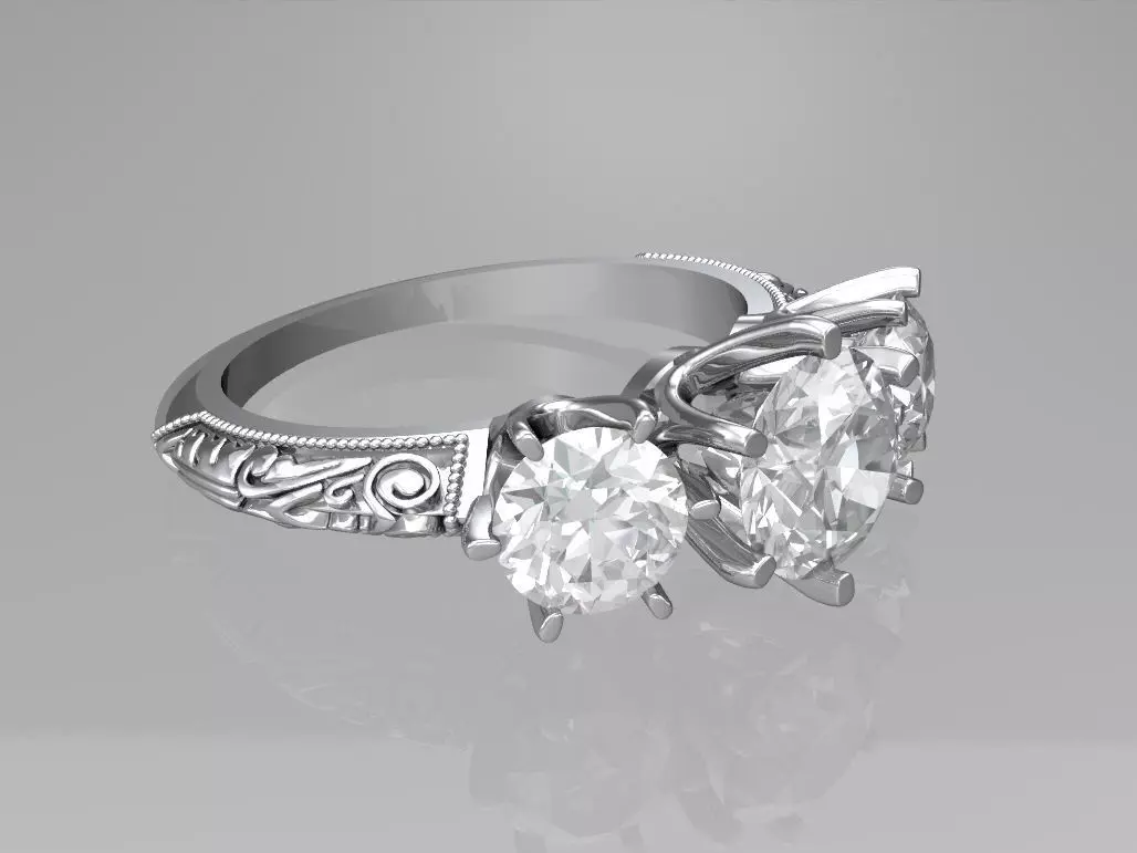 Art deco three stone ring 3D print model_0