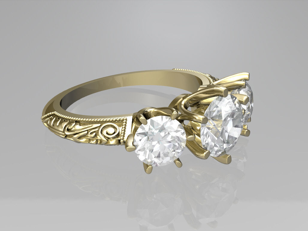 Art deco three stone ring 3D print model_3