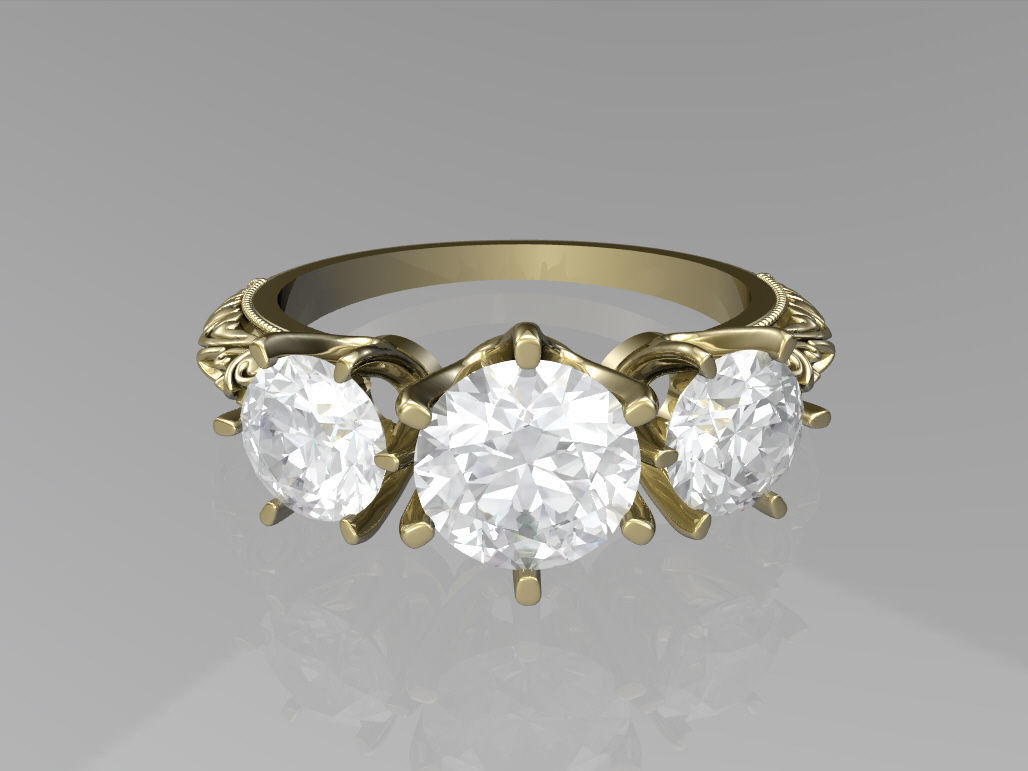 Art deco three stone ring 3D print model_4