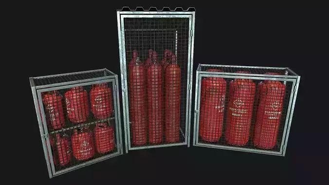 Low Poly PBR Gas Bottle Collection with Storage Cages Low-poly 3D model