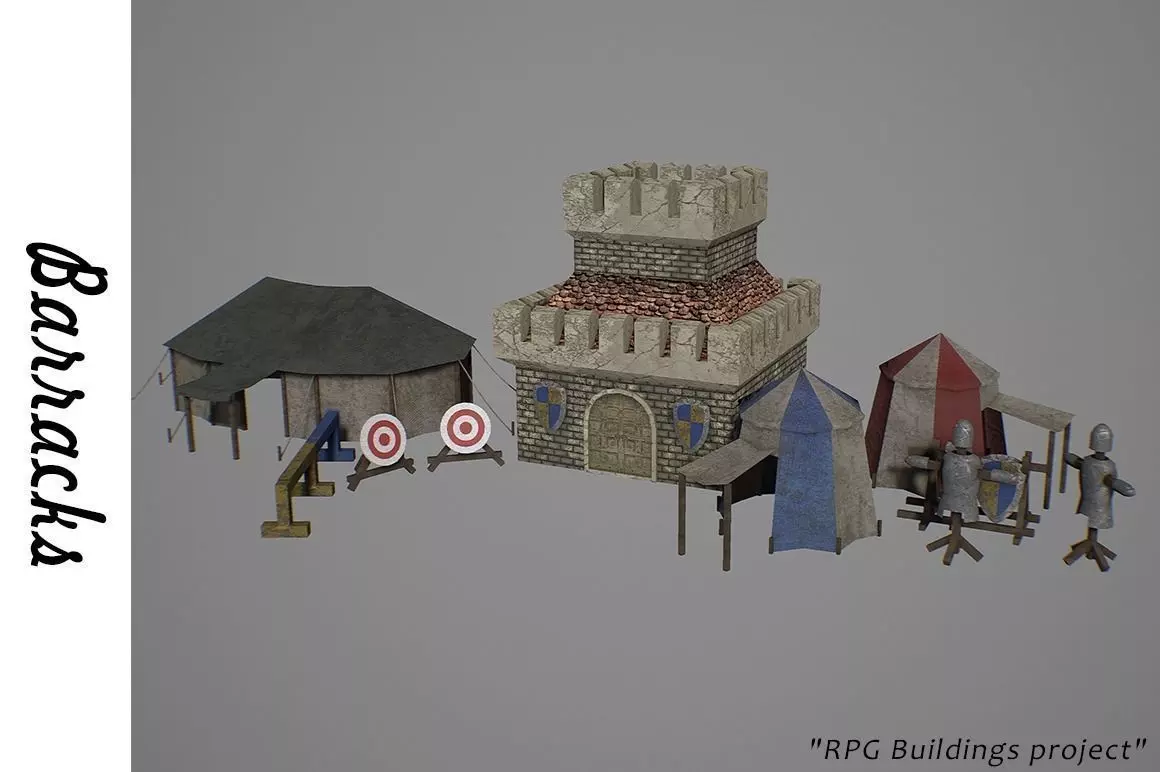 Barracks medieval castle and tents Low-poly 3D model