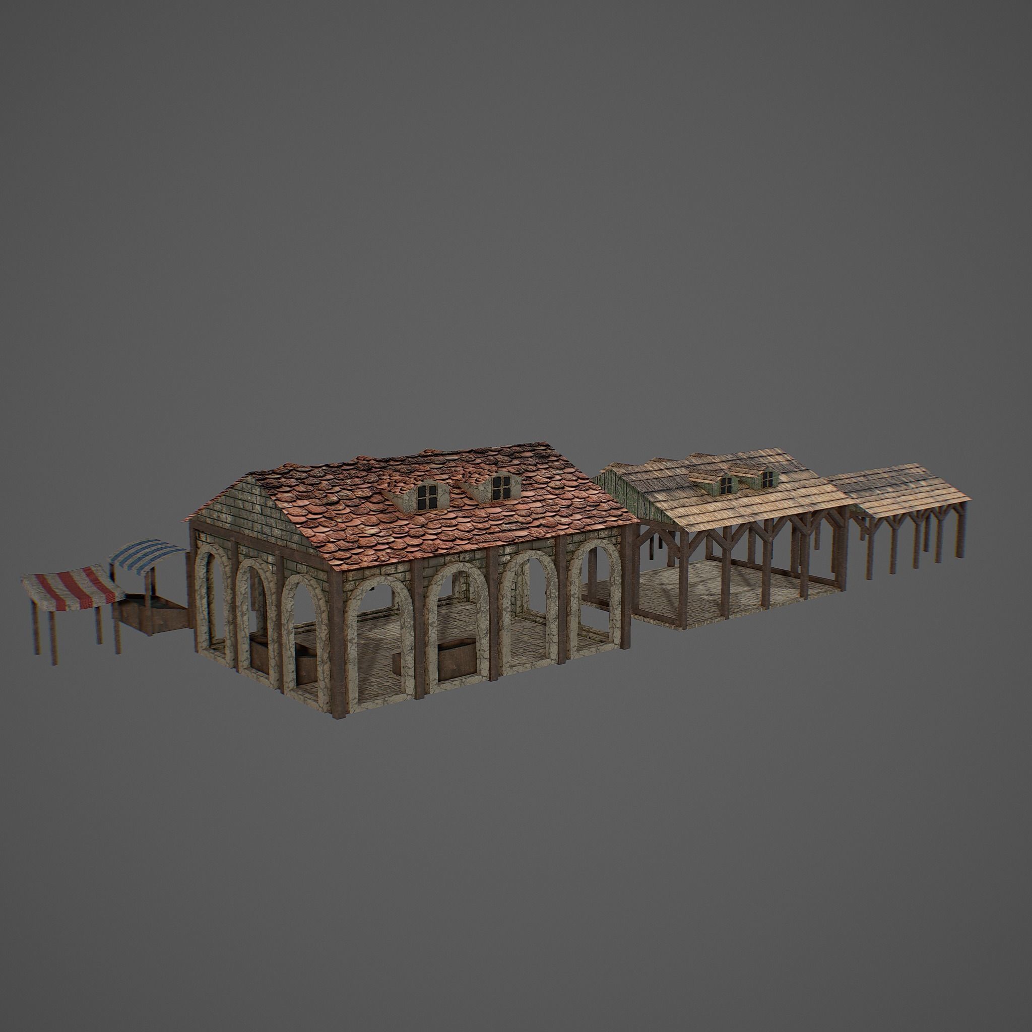 Market old building with roof Low-poly 3D model_7