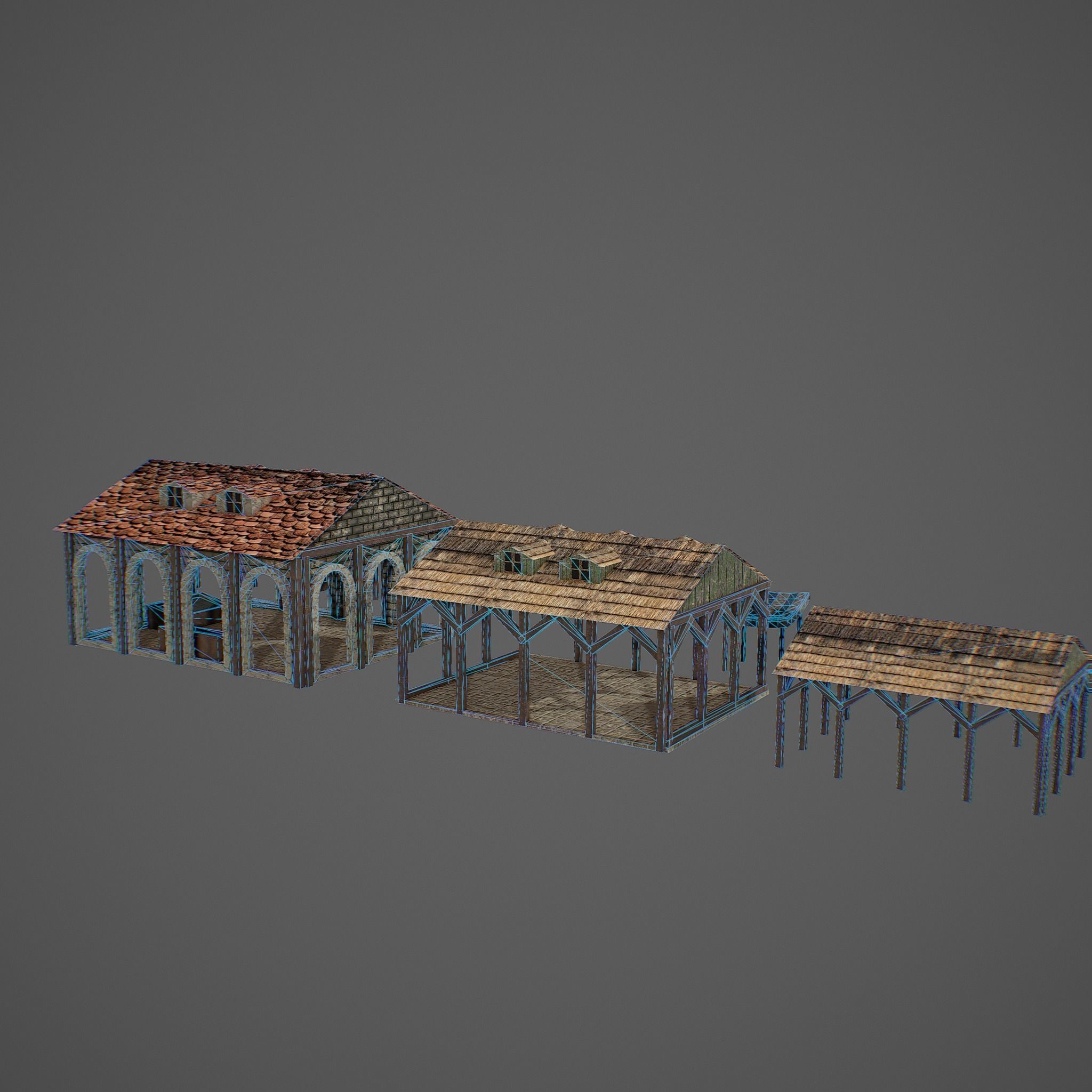 Market old building with roof Low-poly 3D model_9