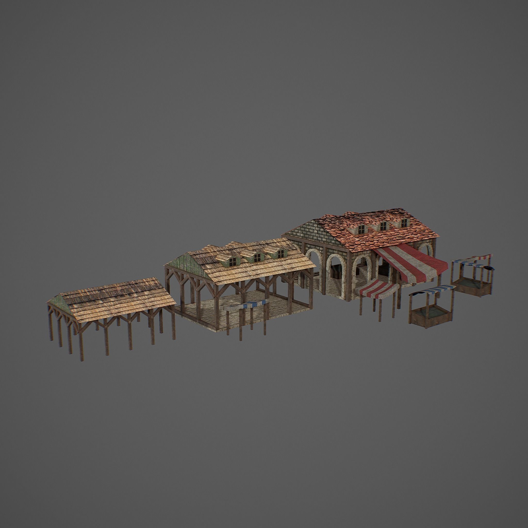 Market old building with roof Low-poly 3D model_5