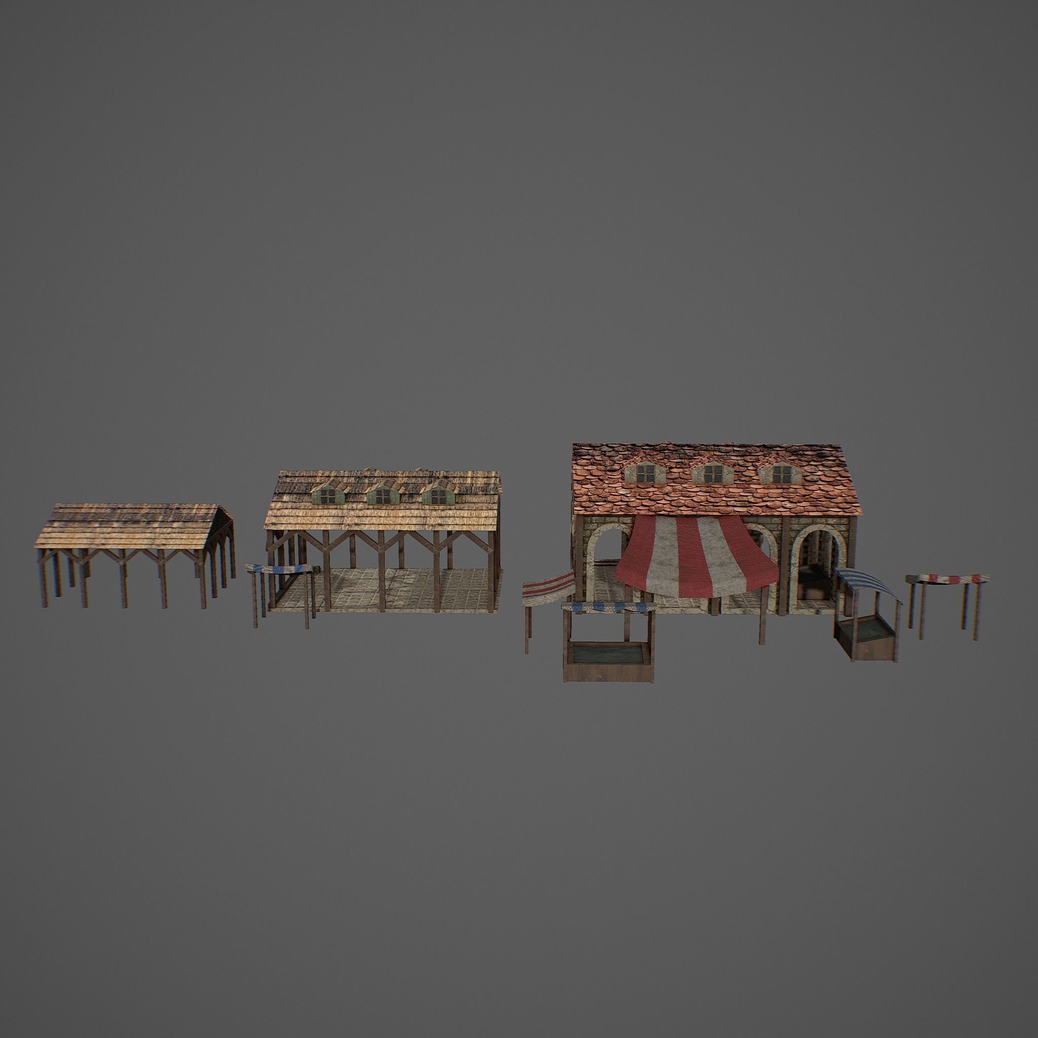 Market old building with roof Low-poly 3D model_3