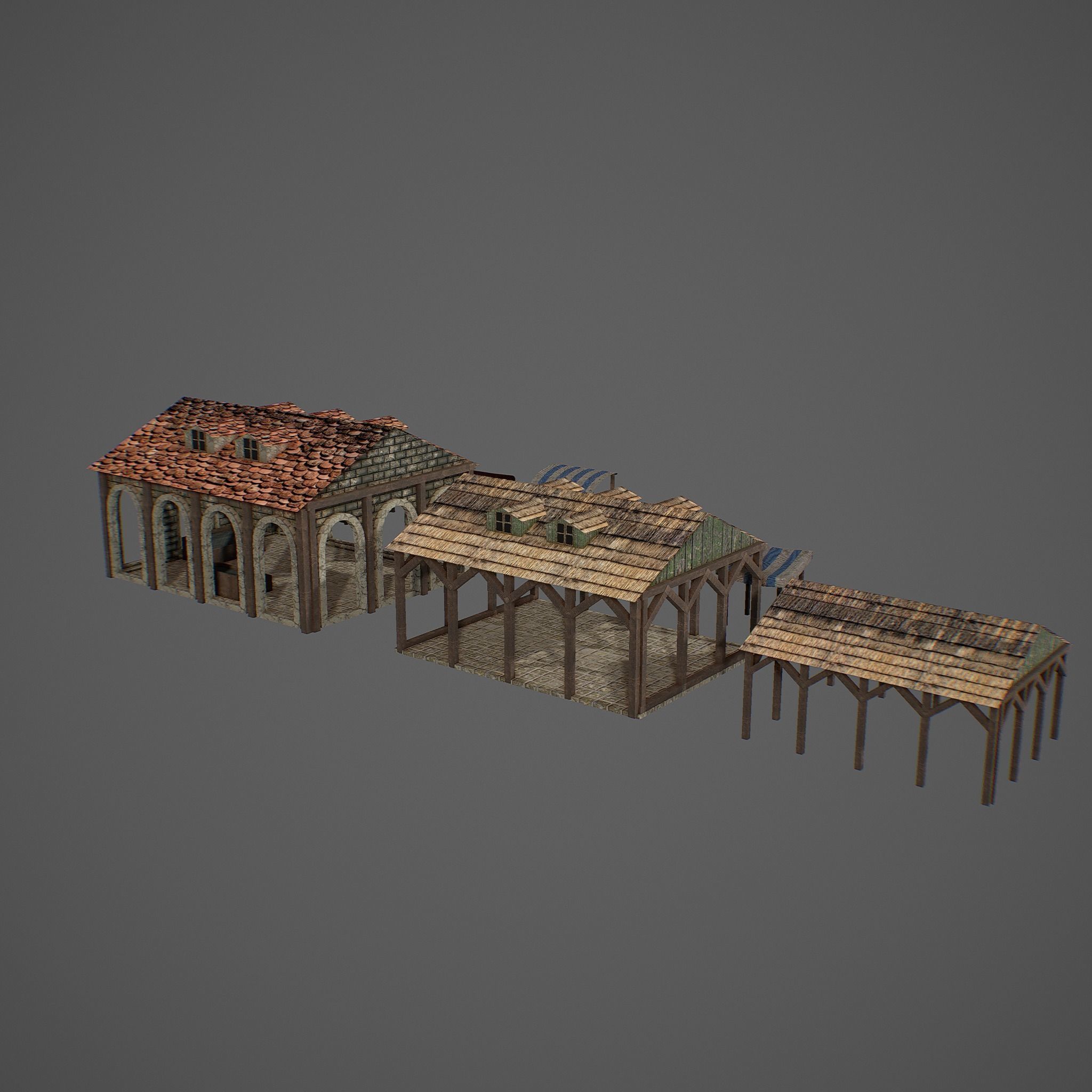 Market old building with roof Low-poly 3D model_4