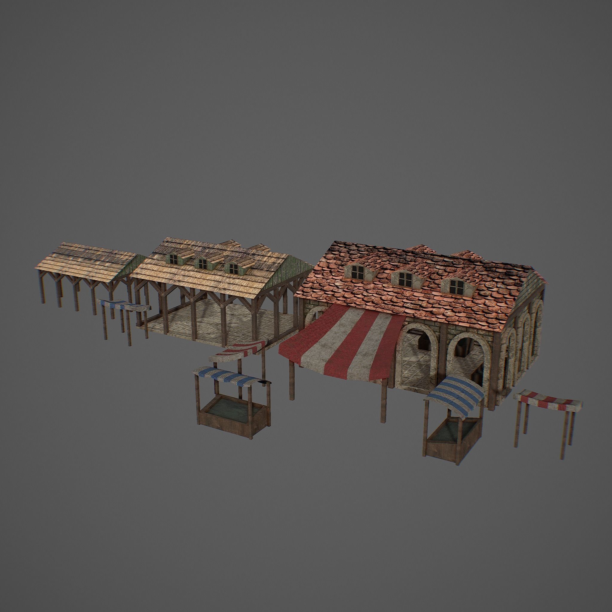 Market old building with roof Low-poly 3D model_1