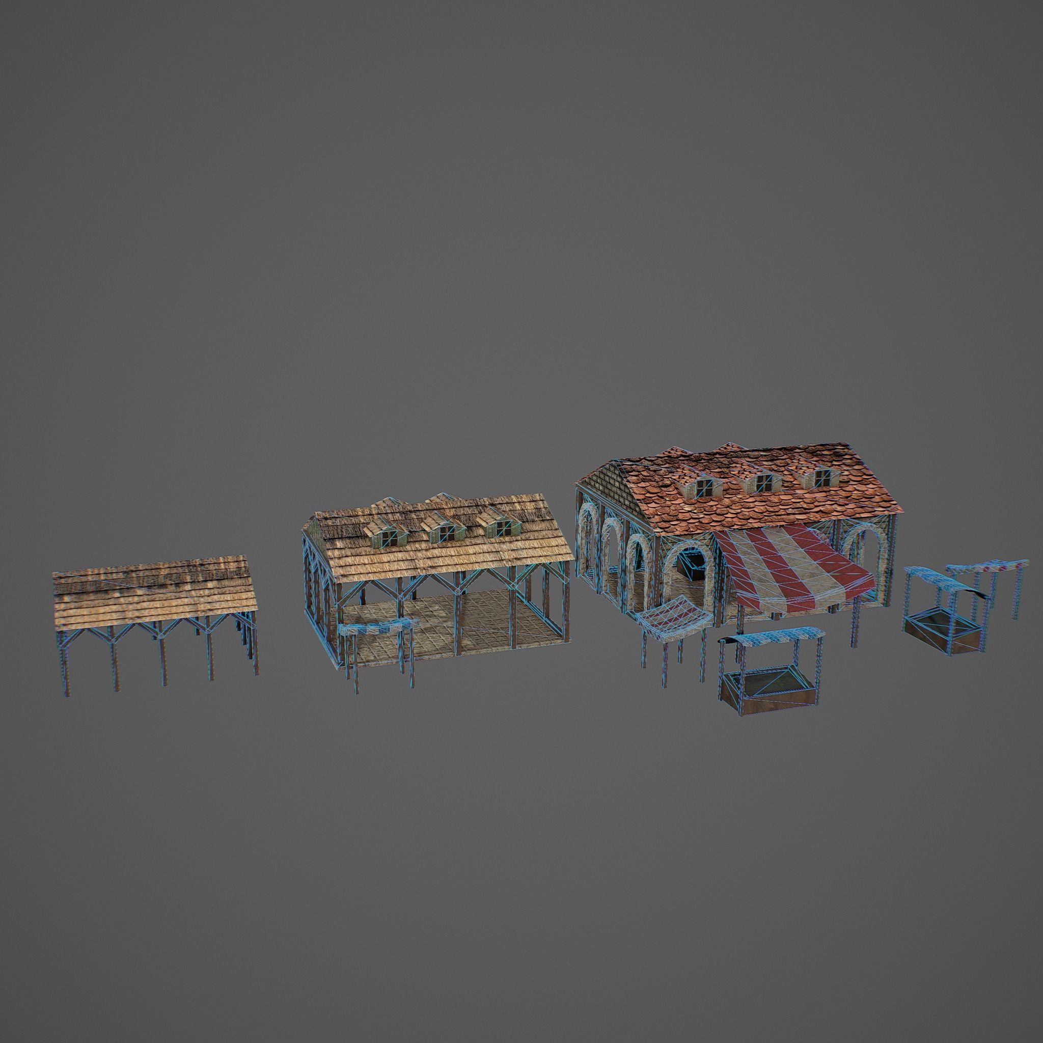 Market old building with roof Low-poly 3D model_10