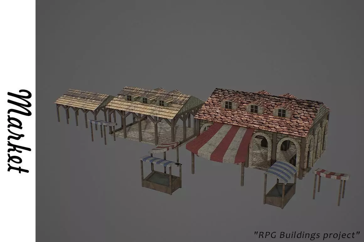 Market old building with roof Low-poly 3D model_0