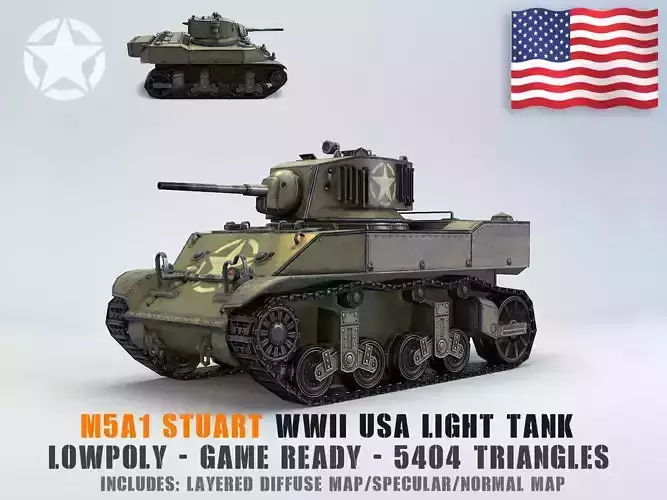 Low Poly M5A1 Stuart light tank Low-poly 3D model
