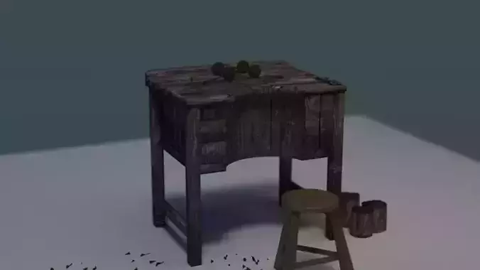 Workbench old wooden table and stool