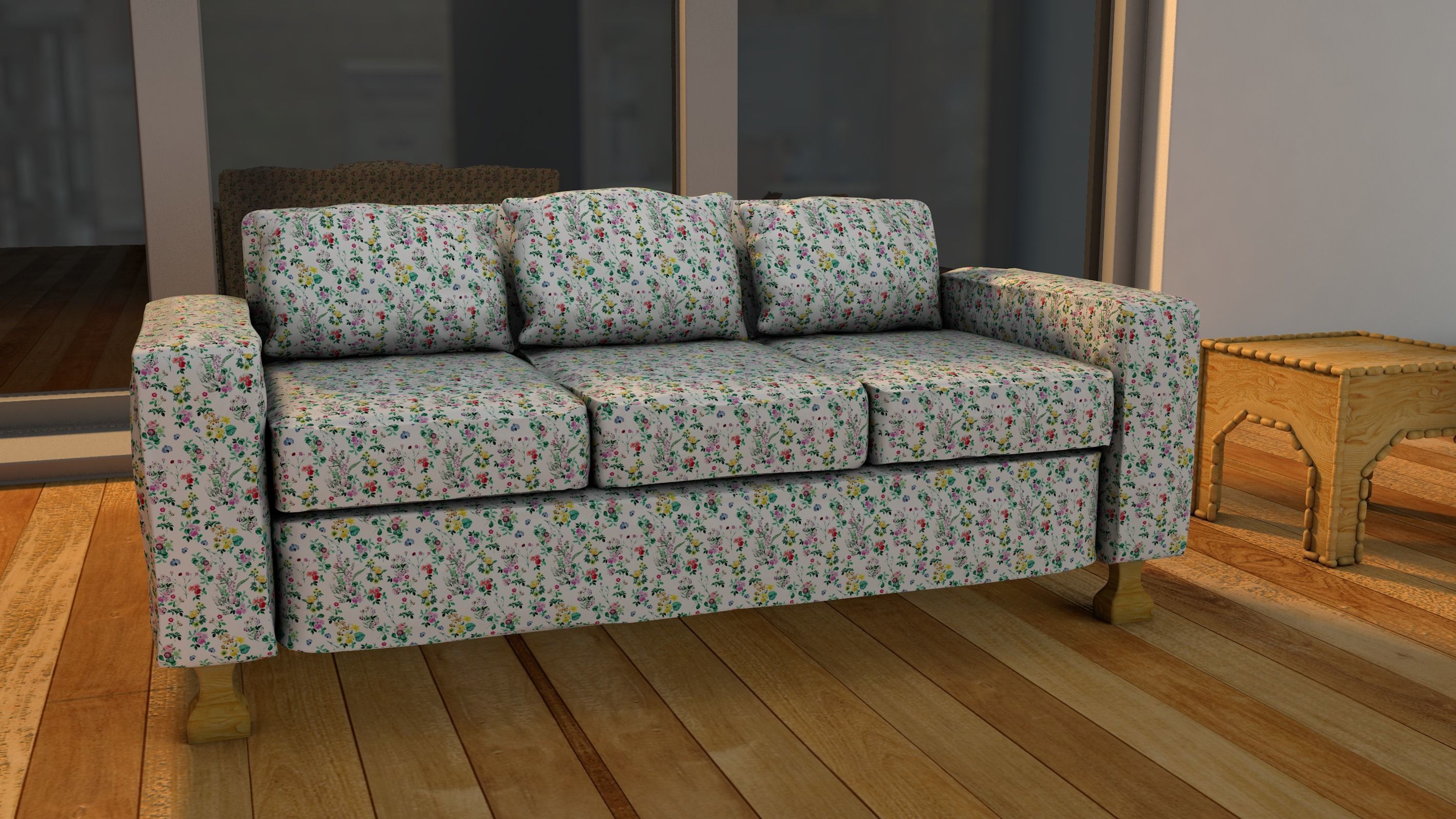 Sofa with sculpted creases Low-poly 3D model_1