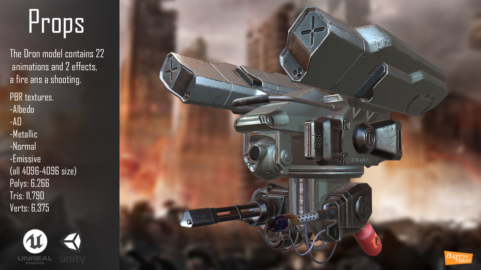 PBR Dron machine gun Low-poly 3D model_2