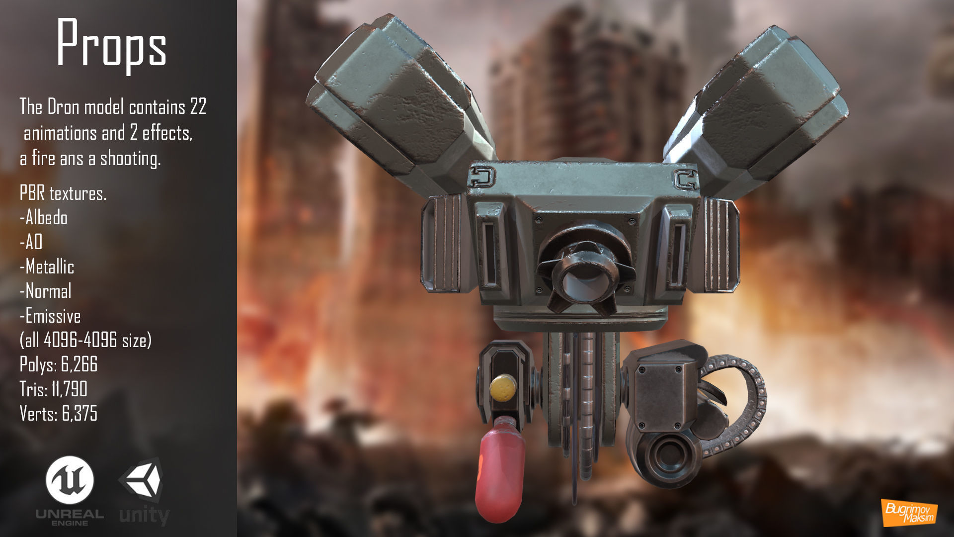 PBR Dron machine gun Low-poly 3D model_5