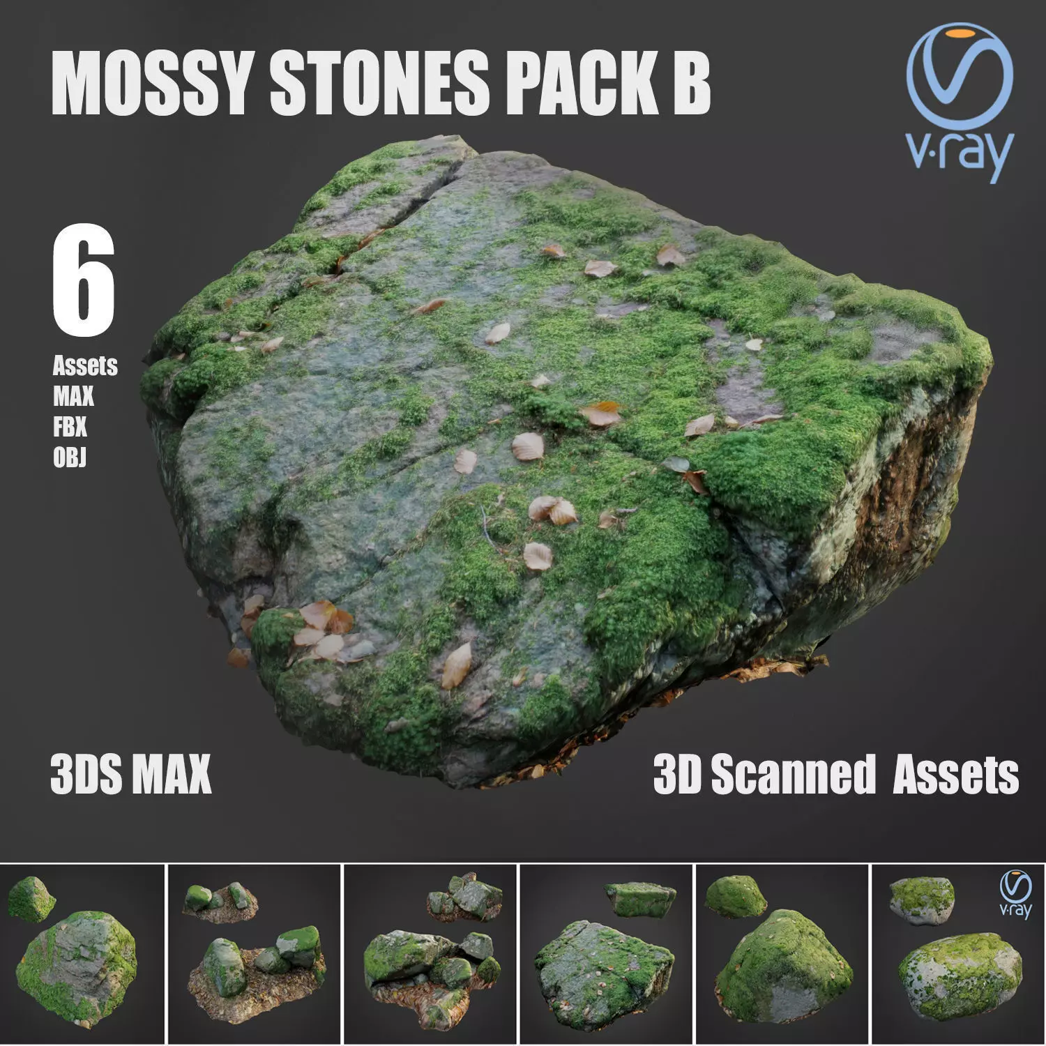 Mossy stones bundle B Low-poly 3D model_0