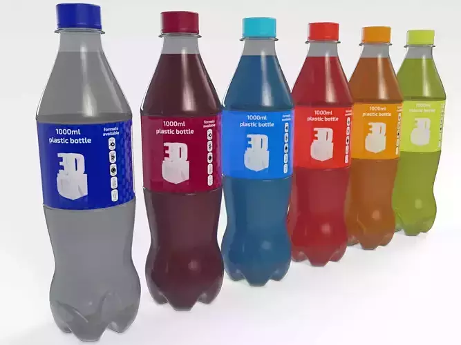 1000ml Plastic Drink Bottle 3D model with 5 flavoured liquids 3D model