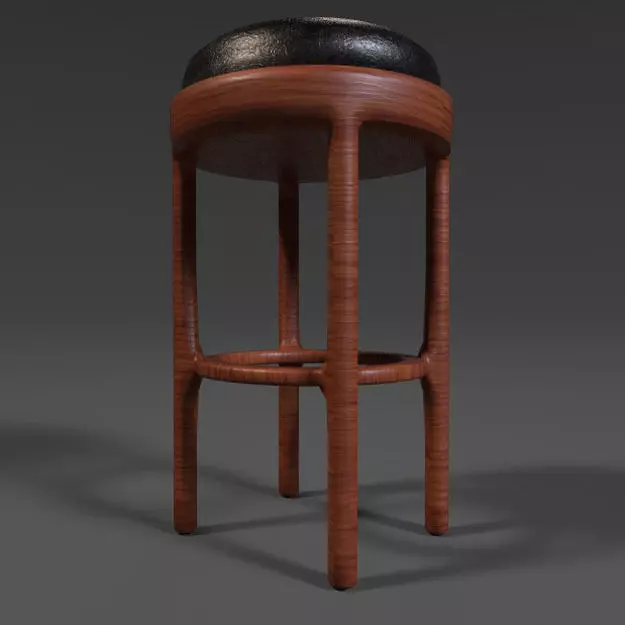PBR Wooden Stool with Leather Seat 3D model_0