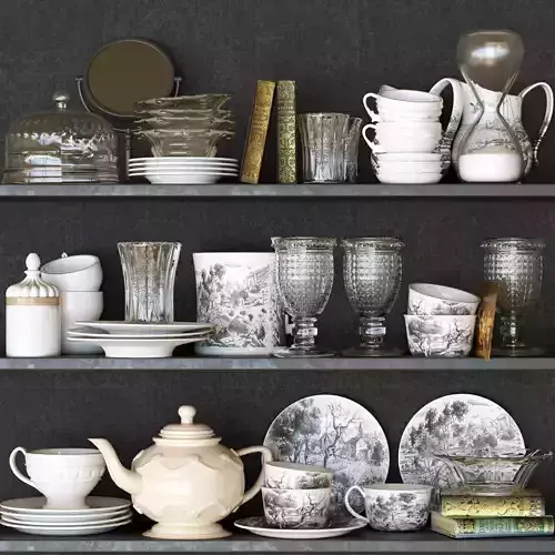Set-143 tea cups and saucers on shelf 3D model