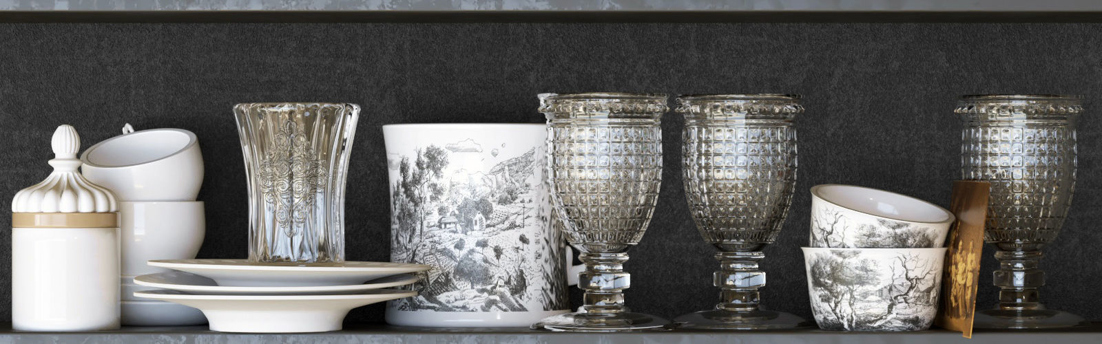 Set-143 tea cups and saucers on shelf 3D model_3