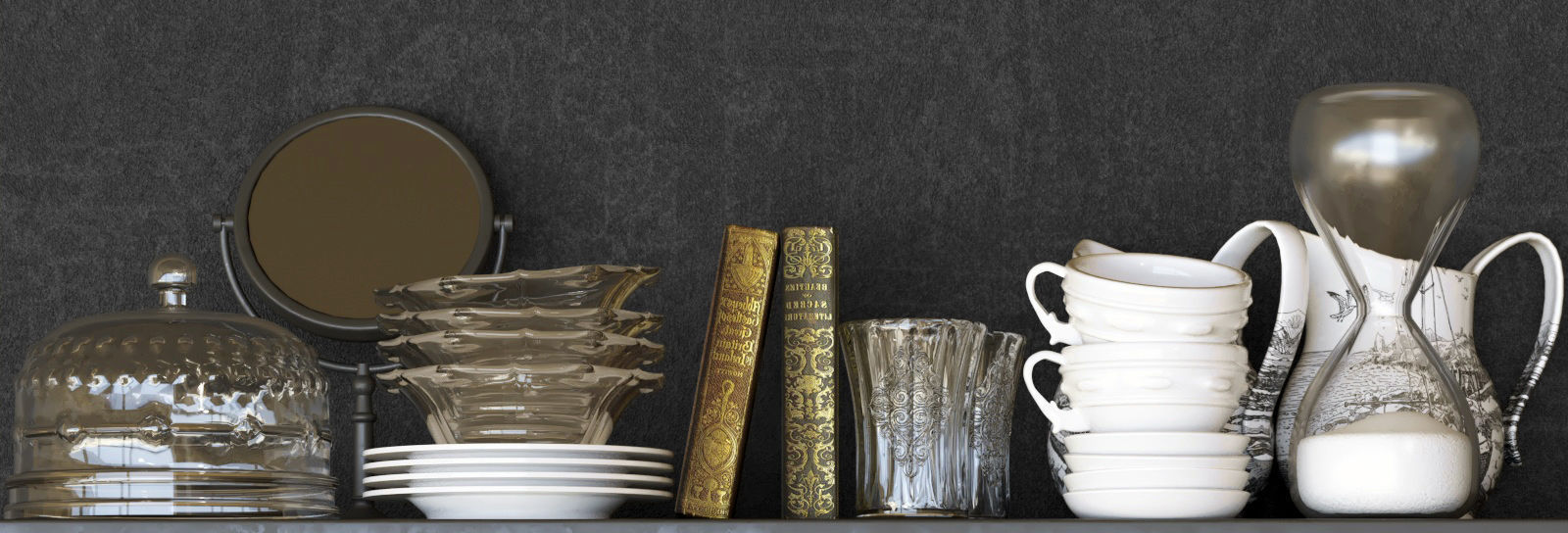 Set-143 tea cups and saucers on shelf 3D model_2