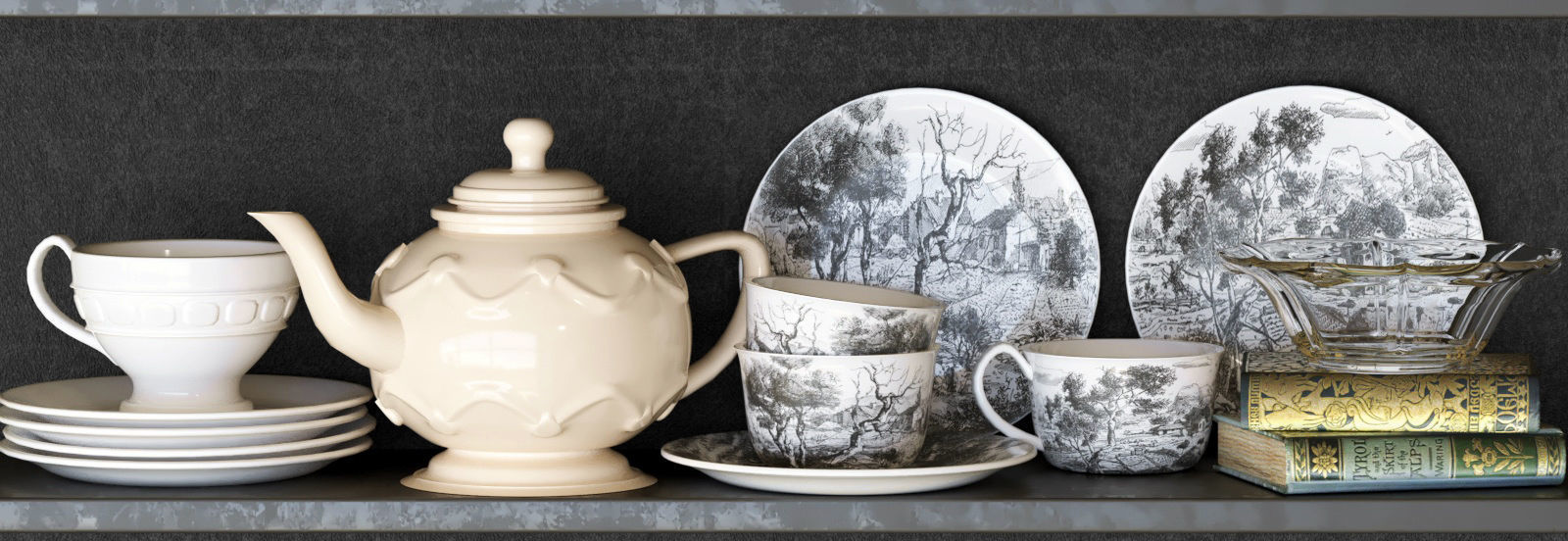 Set-143 tea cups and saucers on shelf 3D model_4