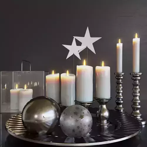 Set-145 candles and silver ornaments on tray