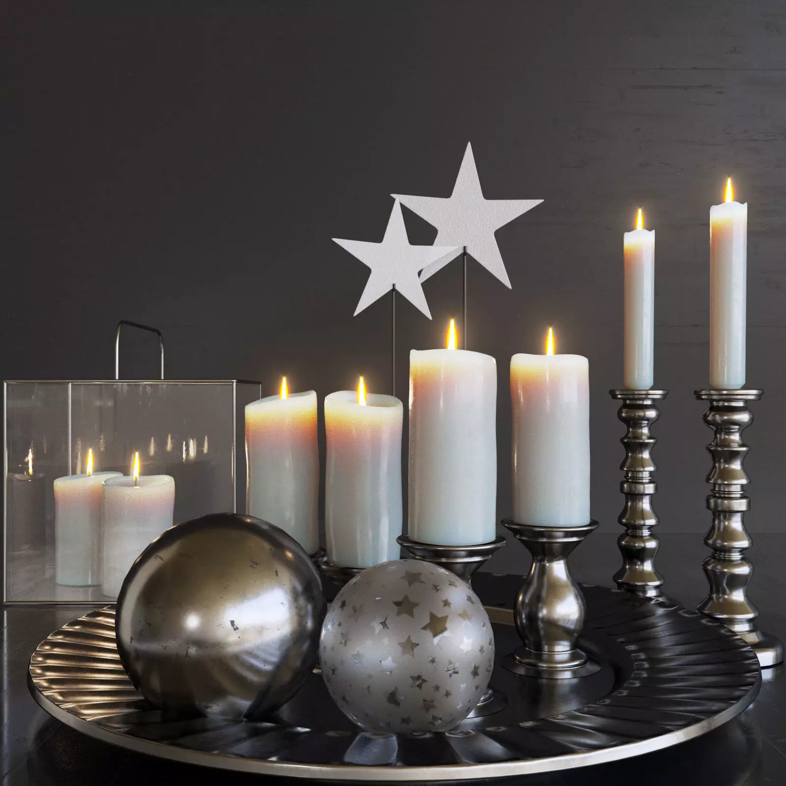 Set-145 candles and silver ornaments on tray 3D model_0