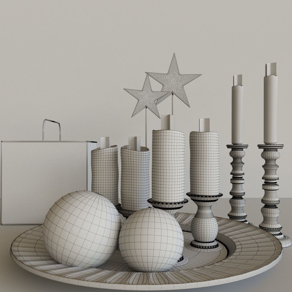 Set-145 candles and silver ornaments on tray 3D model_1