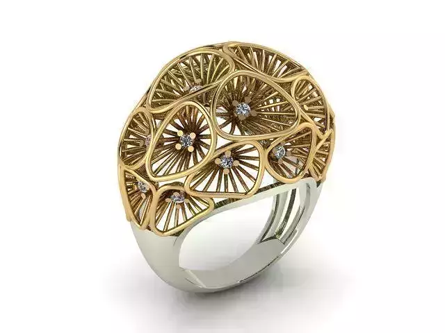 Ring 3D print model intricate gold with diamonds