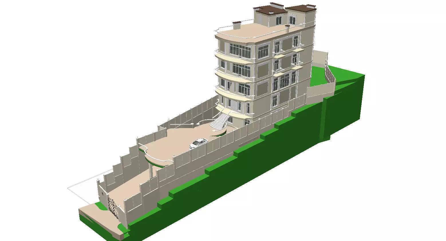 6 floor hotel with a complex terrain Low-poly 3D model_0