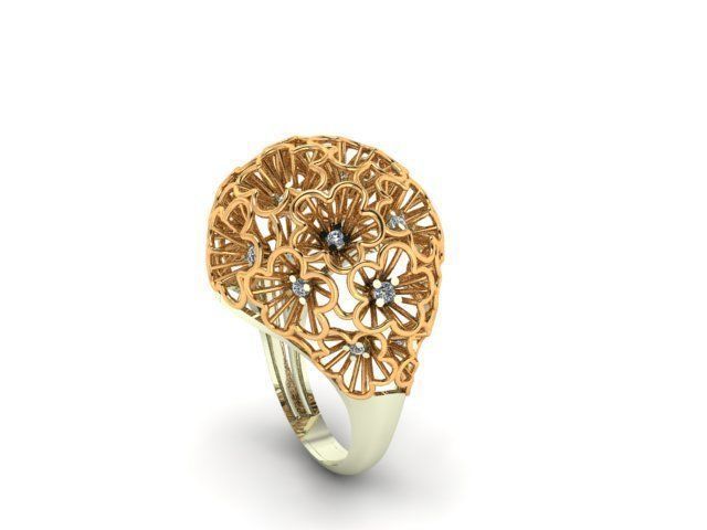 Ring 3D print model flower gold with diamonds 3D print model_2