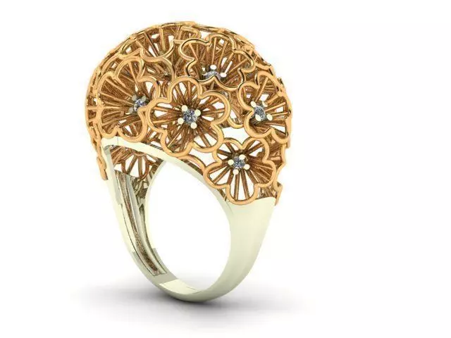Ring 3D print model flower gold with diamonds 3D print model_0