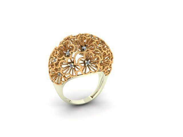 Ring 3D print model flower gold with diamonds 3D print model_1