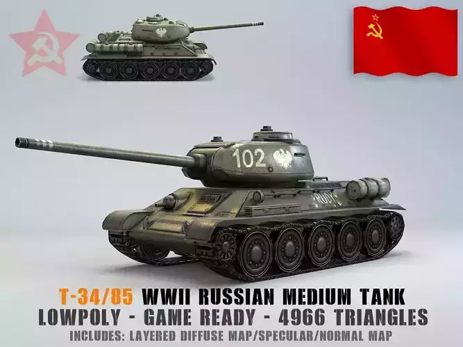 Low Poly T-34 85 medium tank Low-poly 3D model