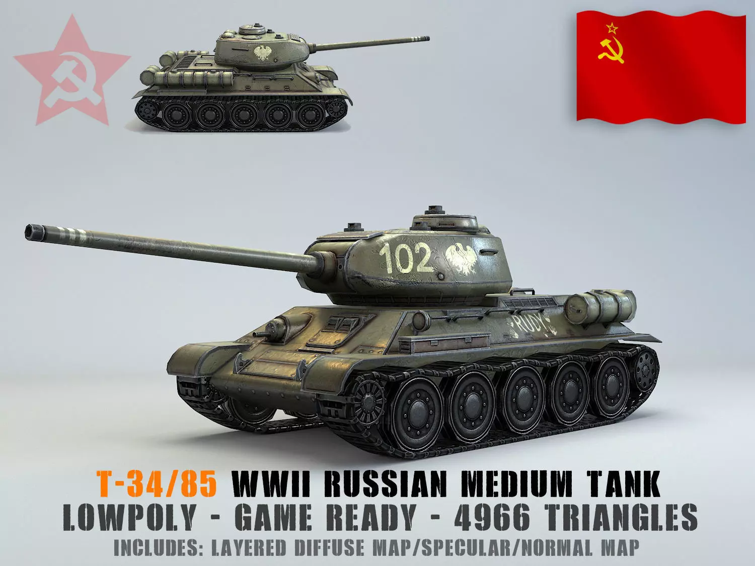 Low Poly T-34 85 medium tank Low-poly 3D model_0