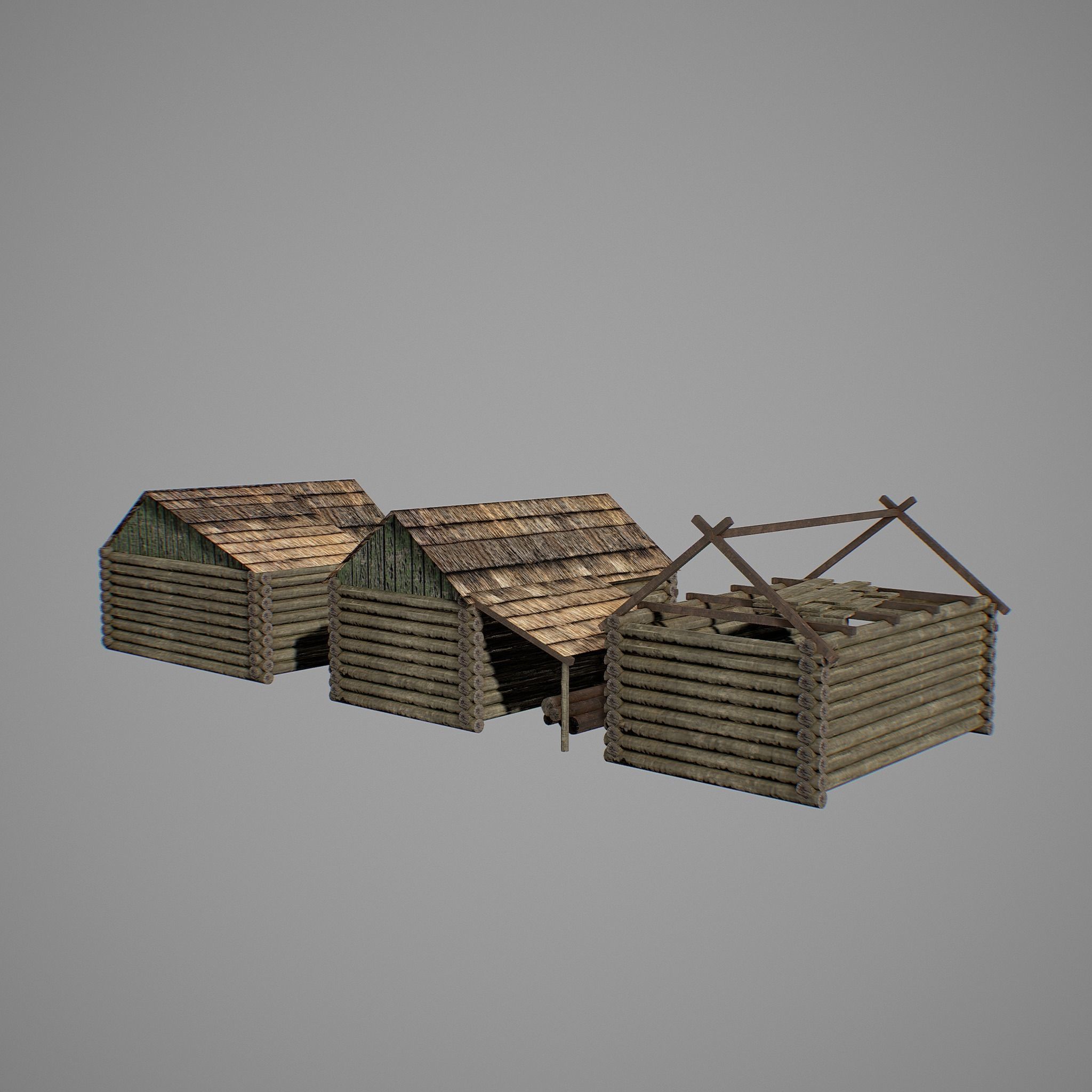 Sawmill three wooden huts Low-poly 3D model_4