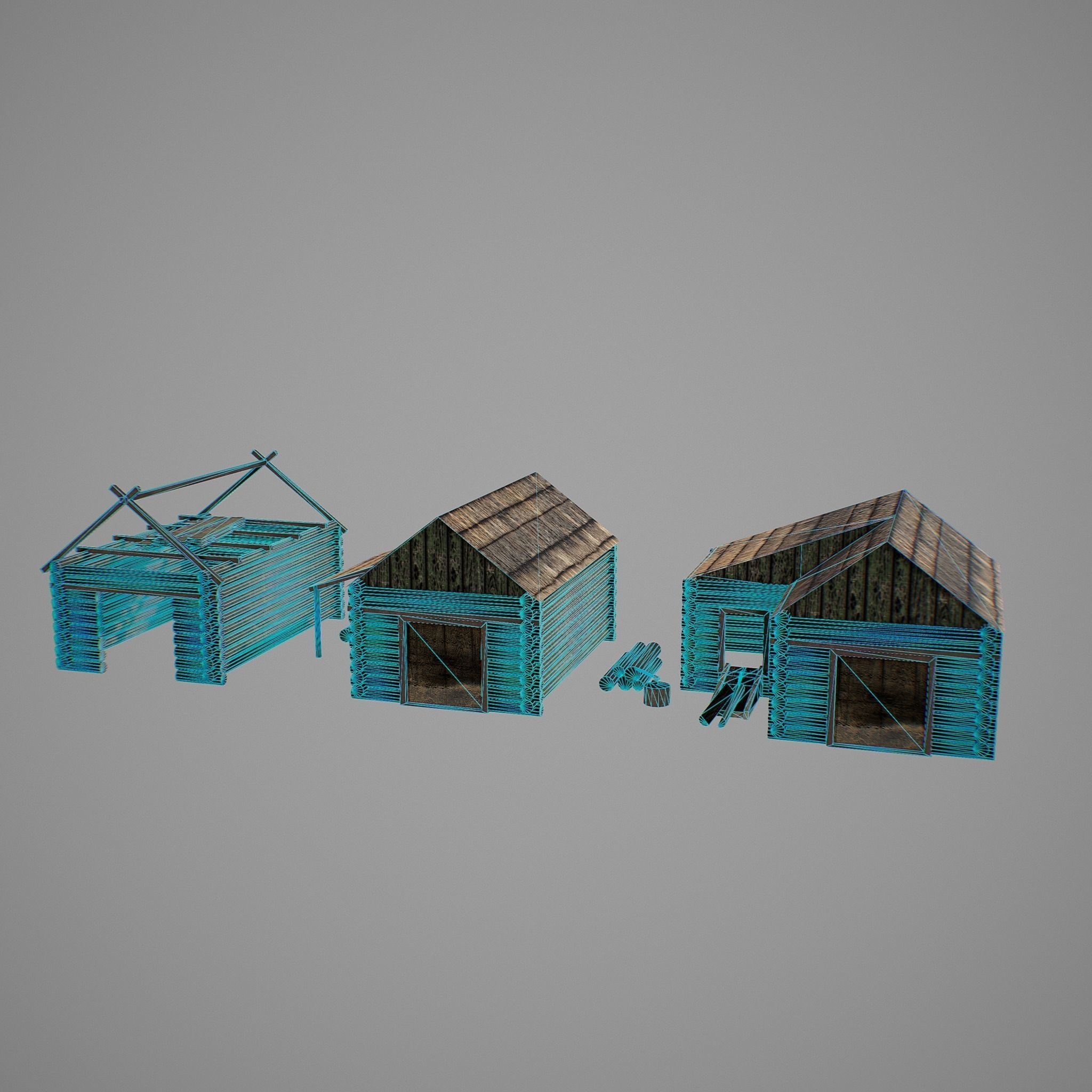 Sawmill three wooden huts Low-poly 3D model_1