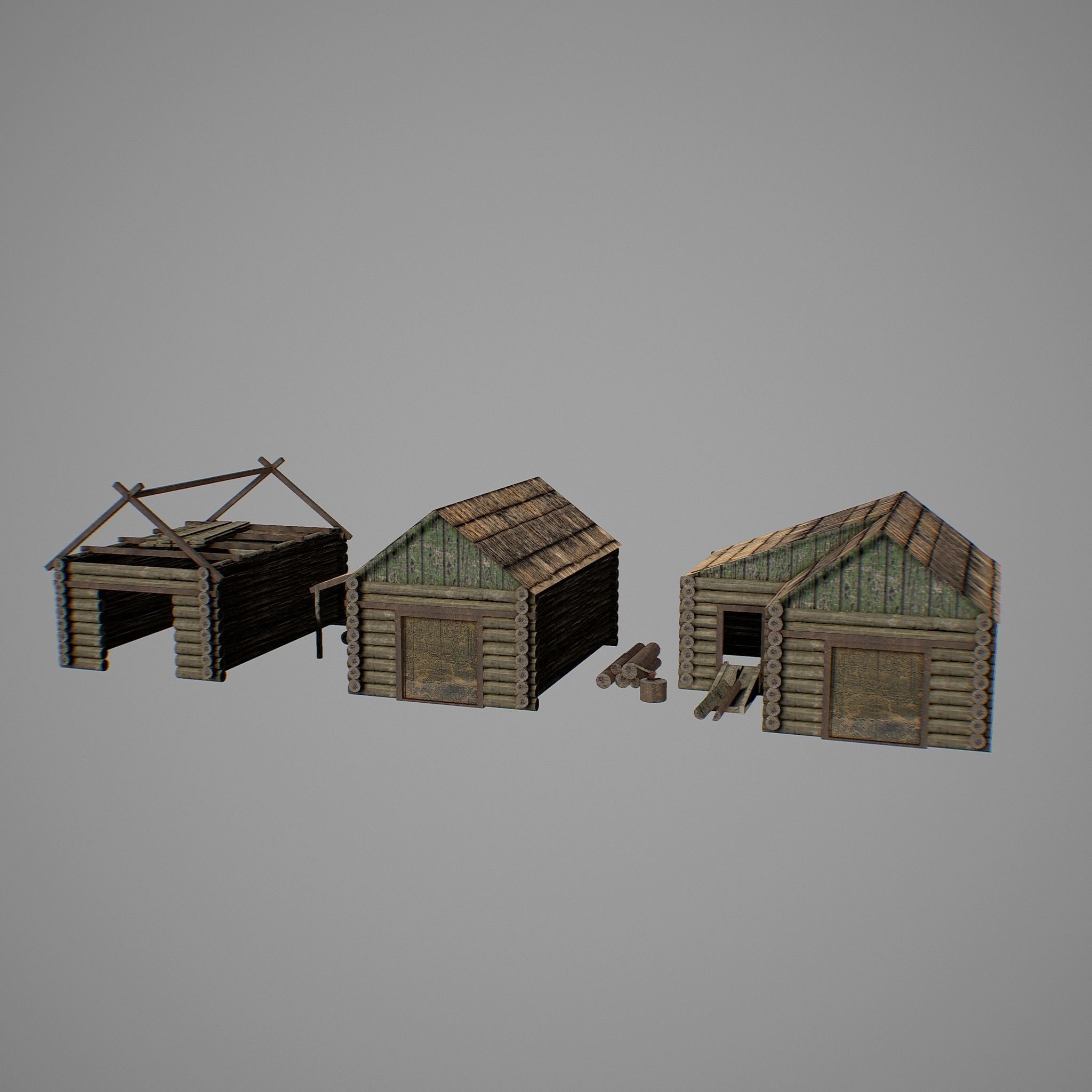 Sawmill three wooden huts Low-poly 3D model_2