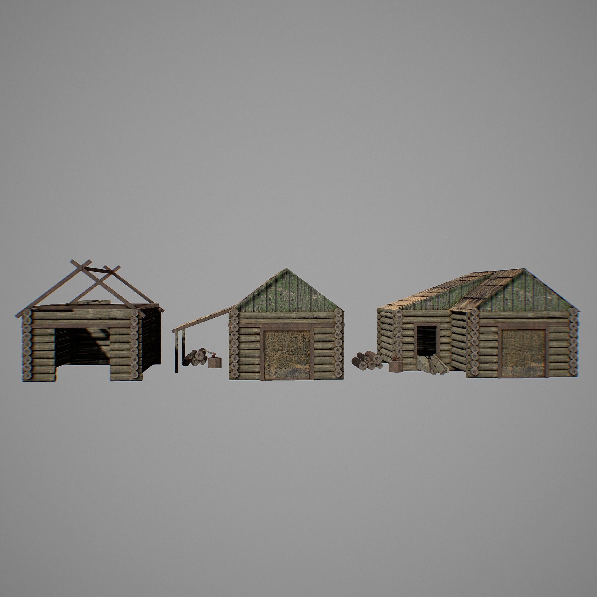 Sawmill three wooden huts Low-poly 3D model_3